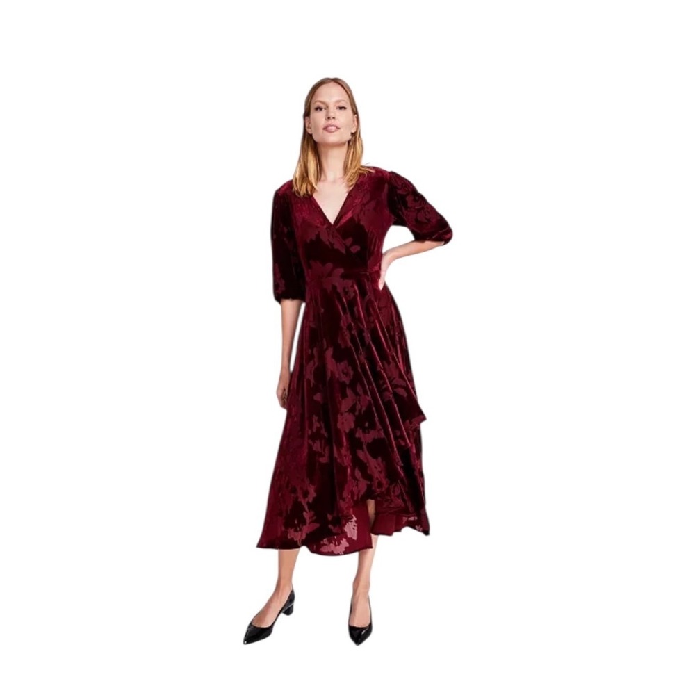 Calvin Klein‎ Velvet Burnout Floral A-Line Midi Dress Burgundy Sz 14W NWT Lined